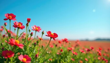 Fototapeta premium Field of Organic Immortelle flowers in full bloom against a bright blue sky, organic, flowers