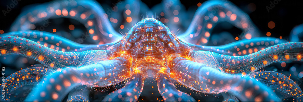 Poster an intricate rendering of a scalable synergy matrix, with evolving digital circuits and glowing