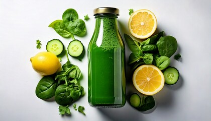trendy bottle of cold-pressed green juice with fresh ingredients