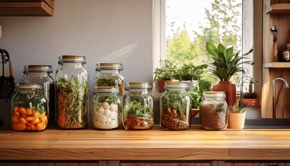 zero-waste kitchen with glass storage jars, compost bin, recycled wooden cabinets