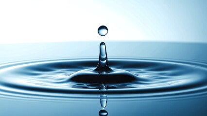 drop of water, water splash in water, A single droplet of water falling into a smooth, clean surface, with soft ripples expanding outward in a minimalistic composition
