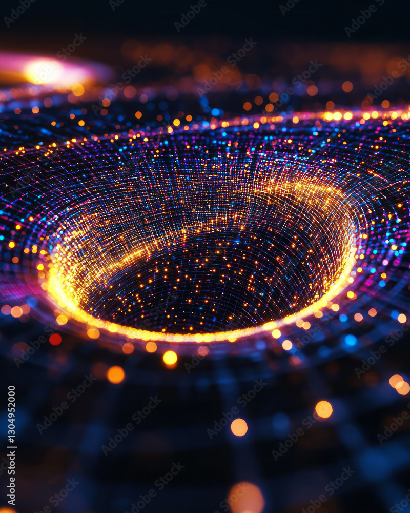 Poster an abstract visualization of a quantum revenue funnel with neon holographic curves and fractal data