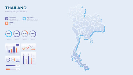 Infographic Map of Thailand. Total Area, Papulation, States & More Detailed Infographic Map of Thailand. Vector Illustration