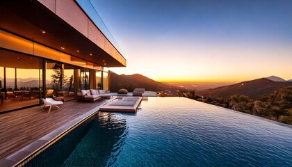 stunning modern luxury mansion with floor-to-ceiling glass windows, infinity pool