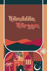 illustration and decoration banner of Ramadan Eid al Fitr with some icons that descripts this month
