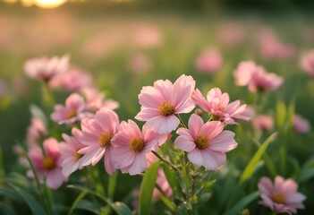 Fototapeta premium A field of pink flowers with green grass.