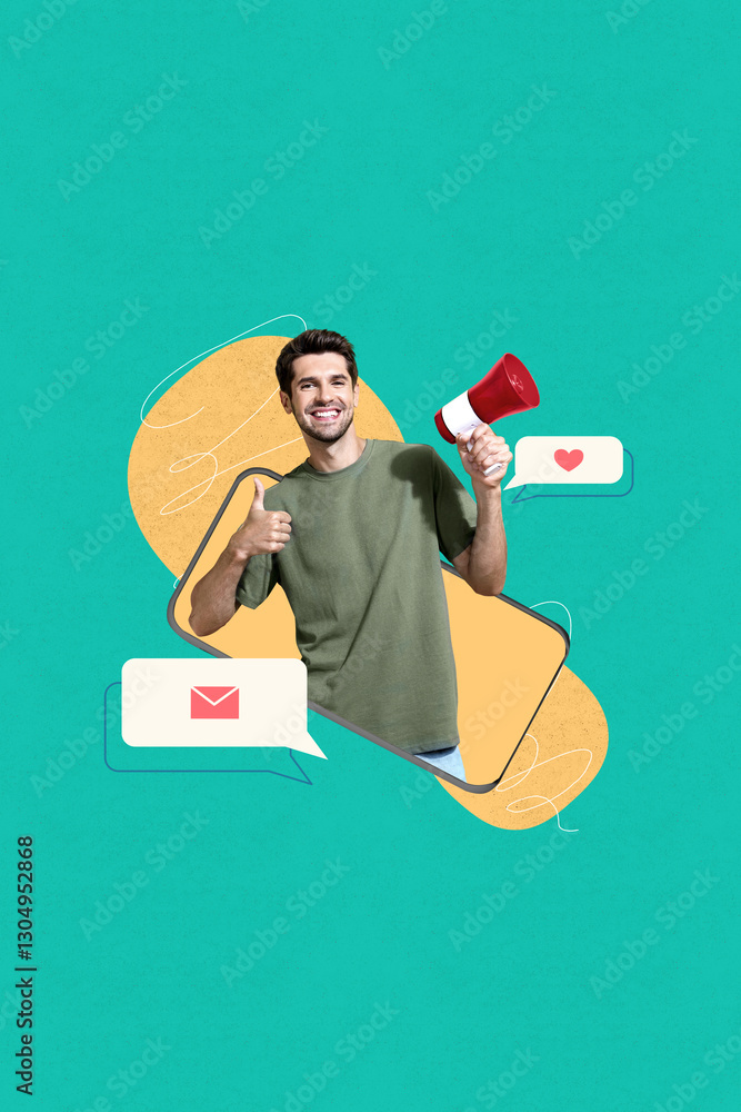Aufkleber trend image vertical photo collage of happy guy hold megaphone receive like notification bubble clic