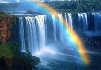 Fototapeta premium Majestic Waterfall in Lush Green Landscape with Vibrant Rainbow Arching Over the Cascading Water and Misty Atmosphere at Dusk