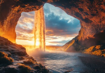 Majestic Waterfall Inside Cave with Stunning Sunset and Vibrant Colors Illuminating Golden Rocks and Flowing Water in Scenic Icelandic Landscape