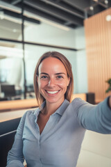 Stylish Professional Woman Capturing a Selfie in Modern Workplace