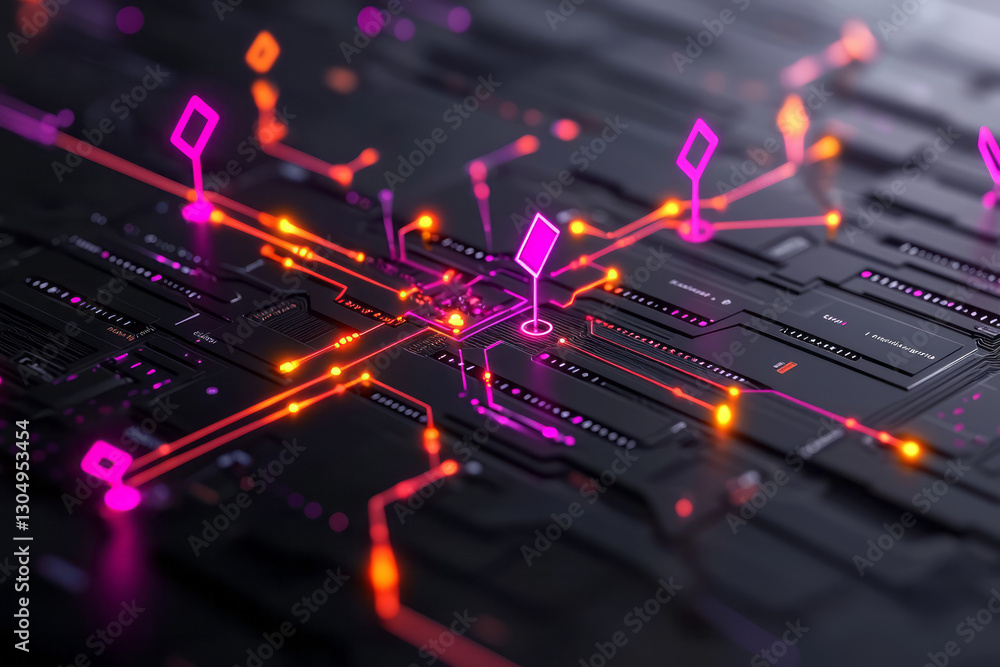 Poster an abstract interface design portraying optimized venture flux, with interlocking digital pathways