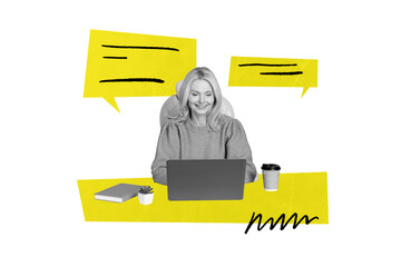 Contemporary art banner collage of elderly happy woman sit workplace type laptop message...