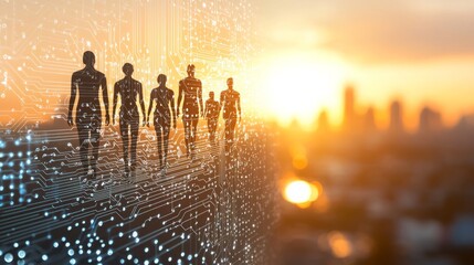 Fototapeta premium Embracing diversity innovation. Abstract representation of digital figures walking towards a sunset with a city skyline, symbolizing technology and human connection.