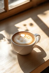 Latte art coffee cup on a sunny windowsill