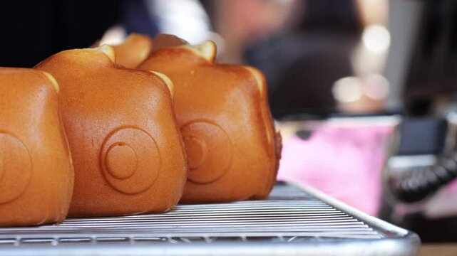 Tokyo street food sweets Ningyo - yaki. Japanese shaped sponge cakes, small baked pastries made in special molds, filled with sweet red bean paste - anko or custard cream.