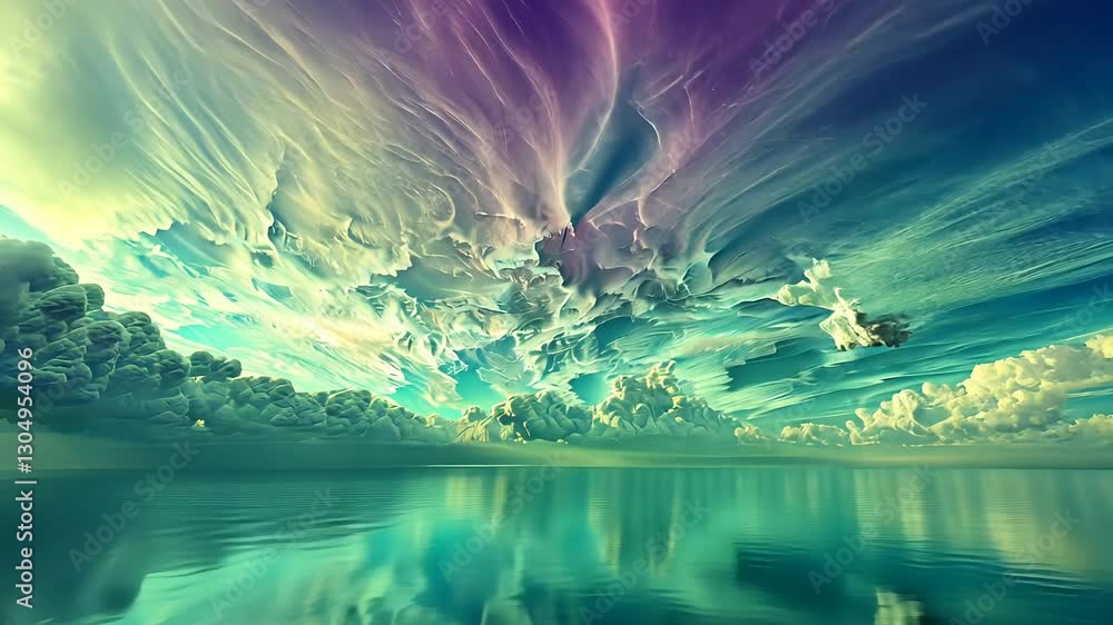 Poster blue sky with clouds and a large wave in the ocean, fractal horizons, abstract render of an alien se