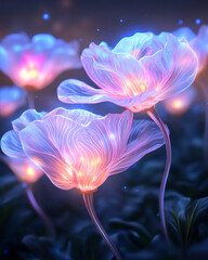 A surreal scene of ephemeral flora that glows with genetic brilliance, its delicate, ever-changing
