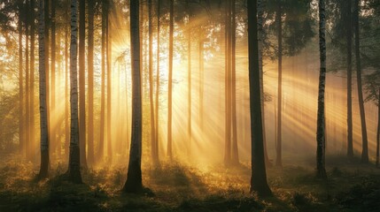 Tranquil woodland with misty trunks and golden light filtering through dense fog