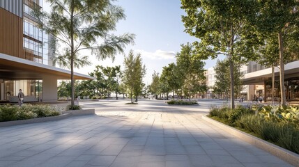 Urban plaza walkway, morning sun, residential buildings