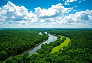 Aerial view of a winding river surrounded by lush greenery and a vibrant blue sky with puffy white clouds.