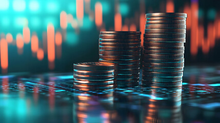 Financial prosperity showcased with neat coin stacks and captivating digital trading backdrop