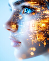 Embracing diversity innovation. A futuristic portrait of a woman with digital circuit patterns overlaying her face, symbolizing the fusion of technology and humanity.