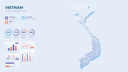 Obraz premium Infographic Map of Vietnam. Total Area, Papulation, States & More Detailed Infographic Map of Vietnam. Vector Illustration