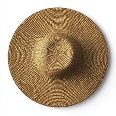 Isolated sun hat 3D model, woven straw texture with a shadow for depth, clean white background, top-down perspective for detail emphasis.