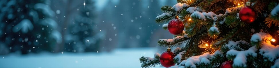 Fototapeta premium Fir tree covered in snow with festive lights and ornaments, snow, decorated