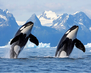 Obraz premium Killer Whales Leaping from the Ocean in Arctic Waters