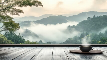 Tea house overlooking misty mountains with a peaceful atmosphere and steaming tea