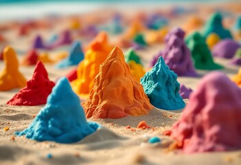 Fototapeta premium Colorful Sand Castles on the Beach: A Vibrant Display of Creativity and Play.