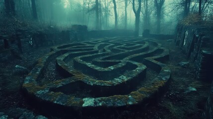Naklejka premium Dark stone labyrinth with glowing symbols and shifting mist creating an eerie atmosphere