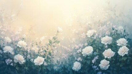 Obraz premium Soft pastel garden with white roses and lilac flowers fading into mist and golden shimmer