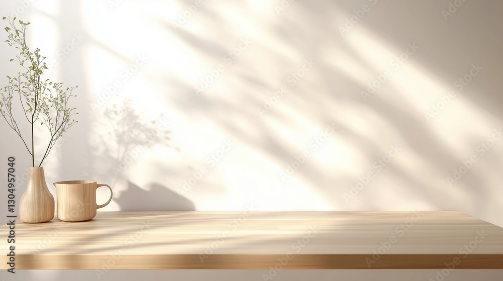 Poster minimalist wooden table top with soft shadows in a bright, well-lit interior. 3d rendering of a prod
