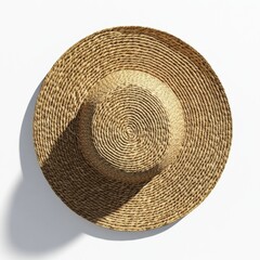 Isolated sun hat 3D model, woven straw texture with a shadow for depth, clean white background, top-down perspective for detail emphasis.