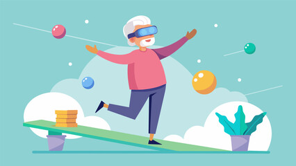 Virtual reality programs designed to stimulate balance and spatial awareness in seniors.. Vector illustration