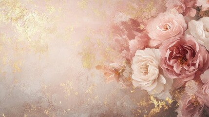 Soft floral brushstrokes in dusty rose beige and pale gold with subtle golden flecks