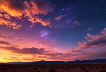 A desert landscape with mountains on the horizon under a starry sky.