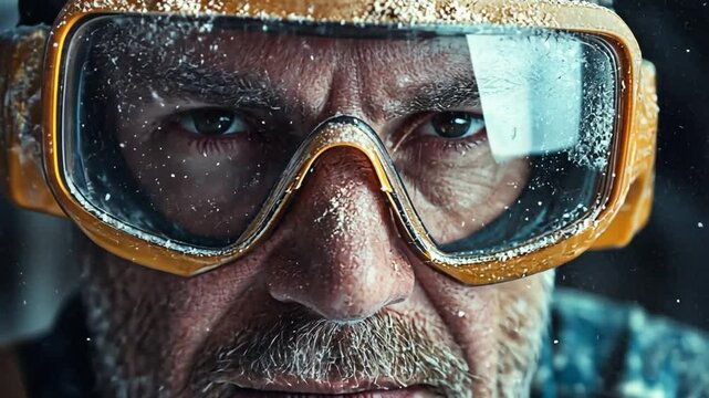 Intense Gaze: A close-up portrait captures a focused, weathered man wearing protective goggles, dusted with fine particles, showcasing the dedication and intensity of skilled craftsmanship.