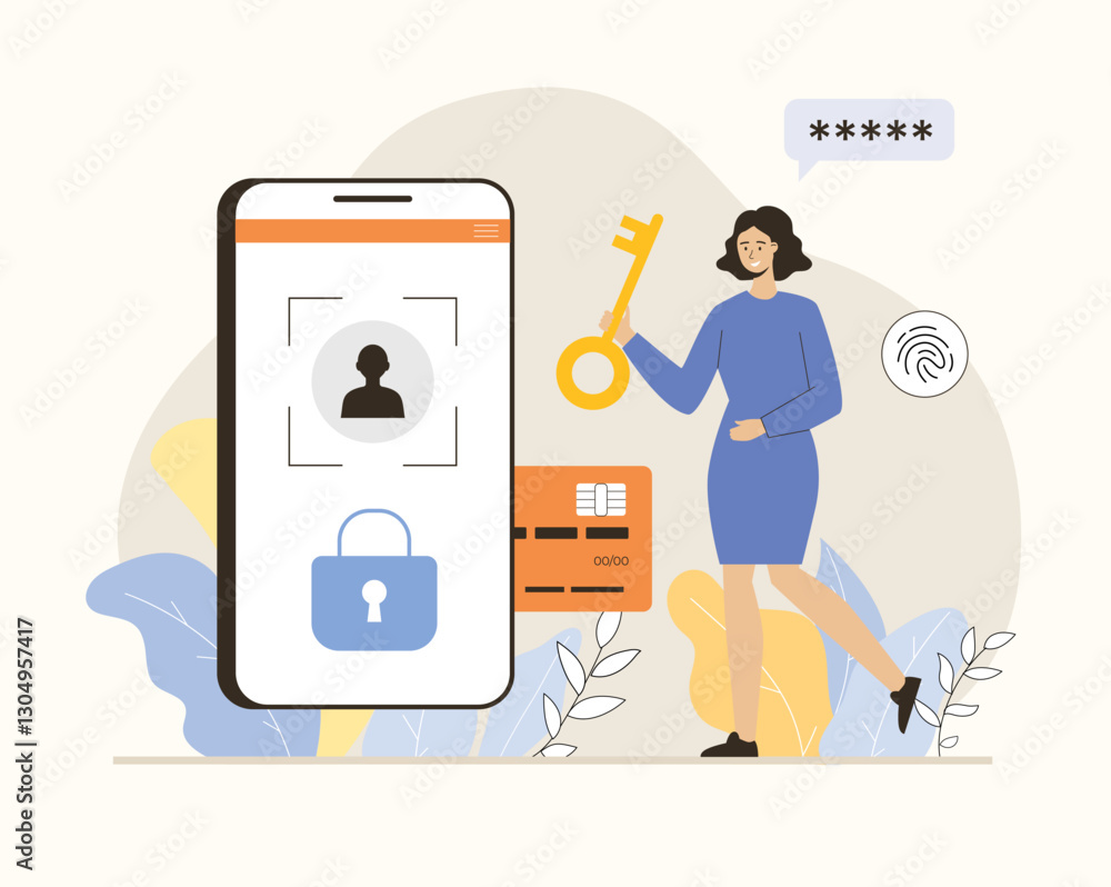 Poster personal data protection by biometric control. facial recognition system by smart mobile phone to un