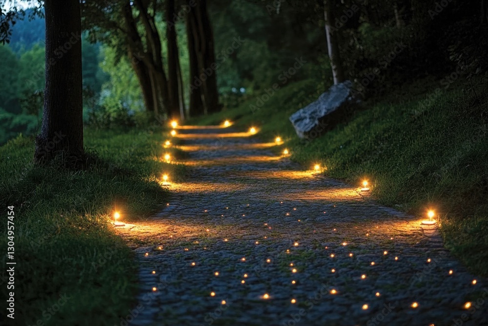Poster enchanting illuminated pathway through a tranquil forest landscape at dusk creating a magical and in