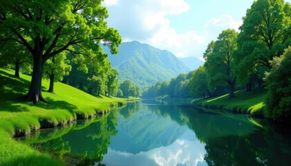 Lush greenery and tall trees surround a quiet lake, growth