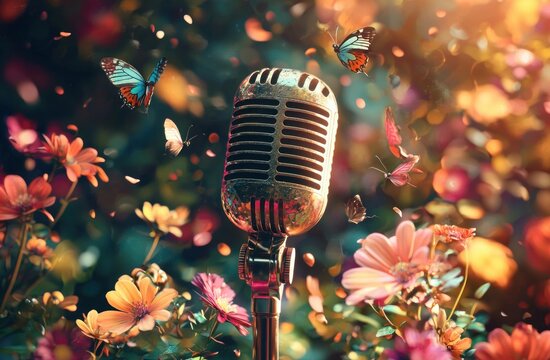 Vintage microphone surrounded by colorful flowers and butterflies, creating a vibrant scene of nature and music that evokes joy and creativity