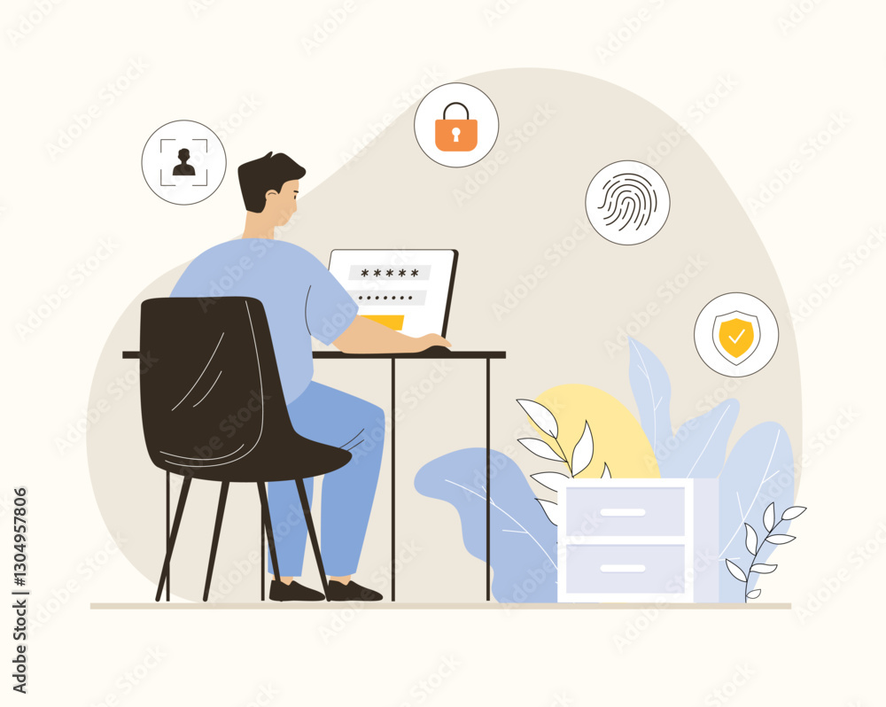 Poster data protection internet security. lock personal data with fingerprint, face scan or password. a man