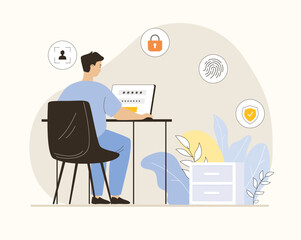 Data protection internet security. Lock personal data with fingerprint, face scan or password. A man enters a password on a laptop. Flat vector illustration.
