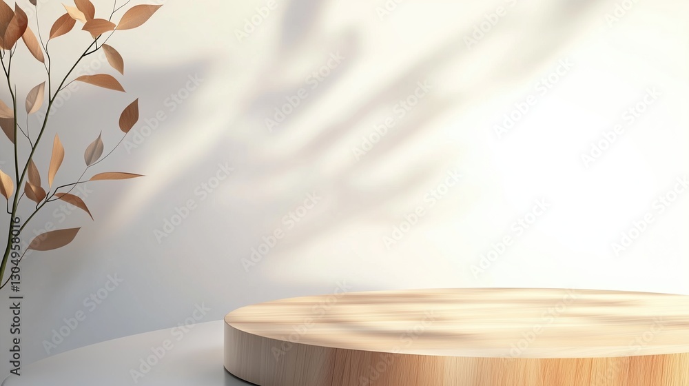 Fototapete Minimalist wooden table top with soft shadows in a bright, well-lit interior. 3D rendering of a product display surface with volumetric lighting and a white wall background, illuminated by natural day