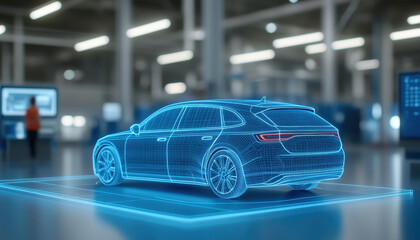 Obraz premium futuristic car model displayed in digital environment, showcasing augmented reality