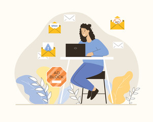 Fototapeta premium Spam protection, stop spam attack. Blocking unwanted advertising mailings. Website Adblock software, antivirus application. Flat vector illustration.