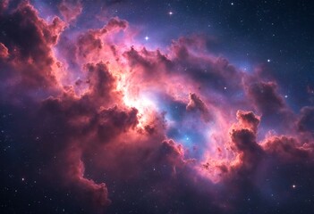 Fototapeta premium A nebula with pink and purple clouds of gas and dust illuminated by a bright light source, set against a backdrop of dark blue sky dotted with stars.
